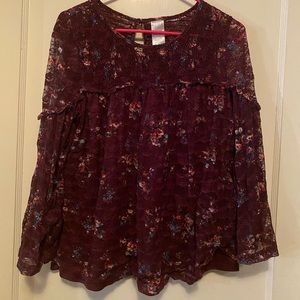 Time & Tru Burgundy Floral Long Sleeve Lace Blouse w/ Sheer Bell Sleeves Size M